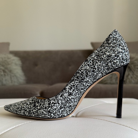 Jimmy Choo ROMY 100 Pointy Toe Pump Heel Shoes Black White Glitter 38.5 - Picture 7 of 17